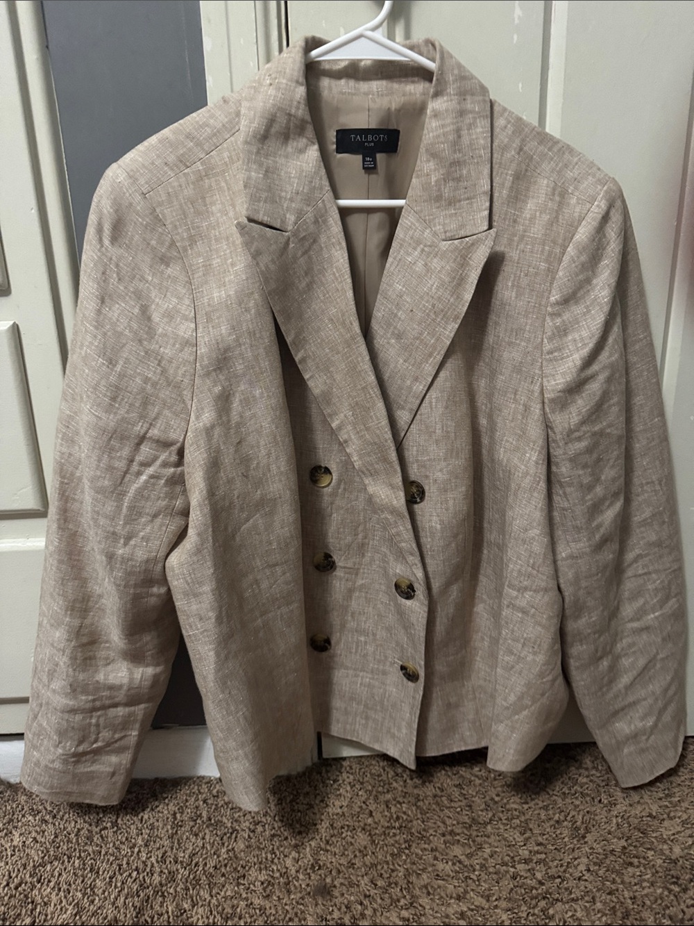 Talbots Beige Double-Breasted Linen-Blend Blazer